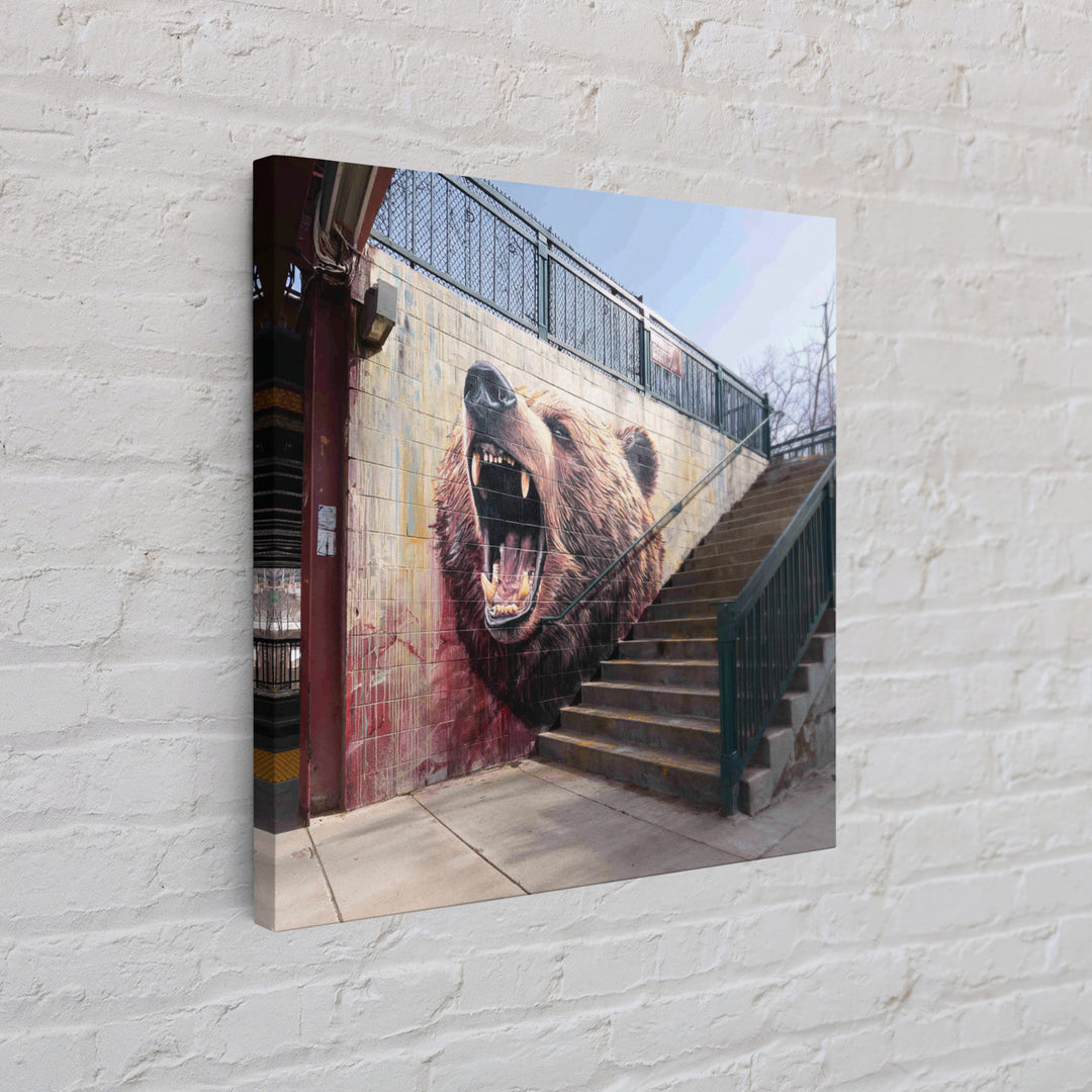 Roaring Bear Urban Stairway Mural Wall Art, Graffiti Canvas Print, Wildlife Decor, Street Art Gift For Animal Lover, Home Decor
