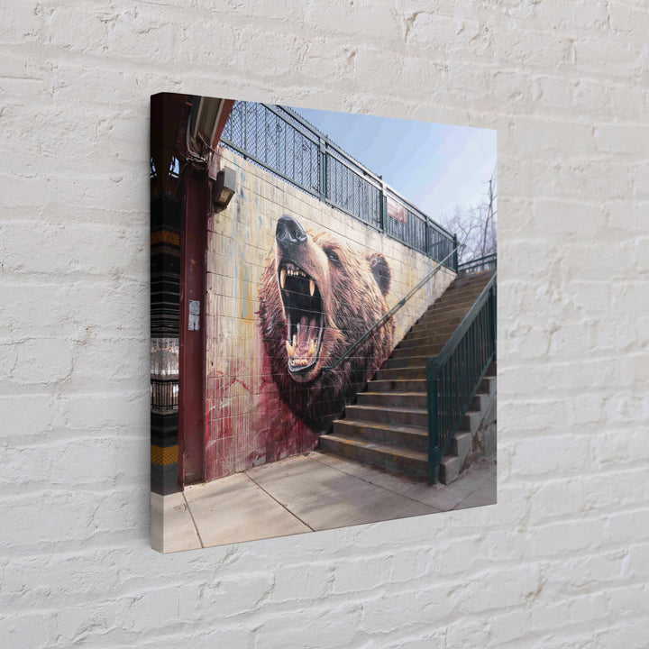 Roaring Bear Urban Stairway Mural Wall Art, Graffiti Canvas Print, Wildlife Decor, Street Art Gift For Animal Lover, Home Decor