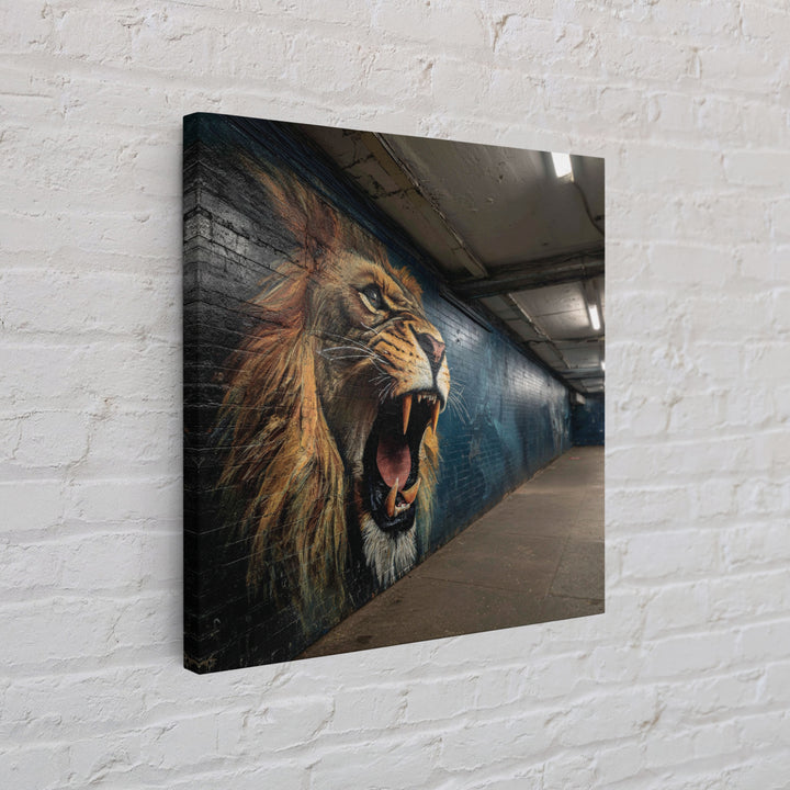 Roaring Lion Subway Mural Wall Art, Urban Graffiti Canvas, Big Cat Street Art Print, Bold Industrial Living Room Decor Gift