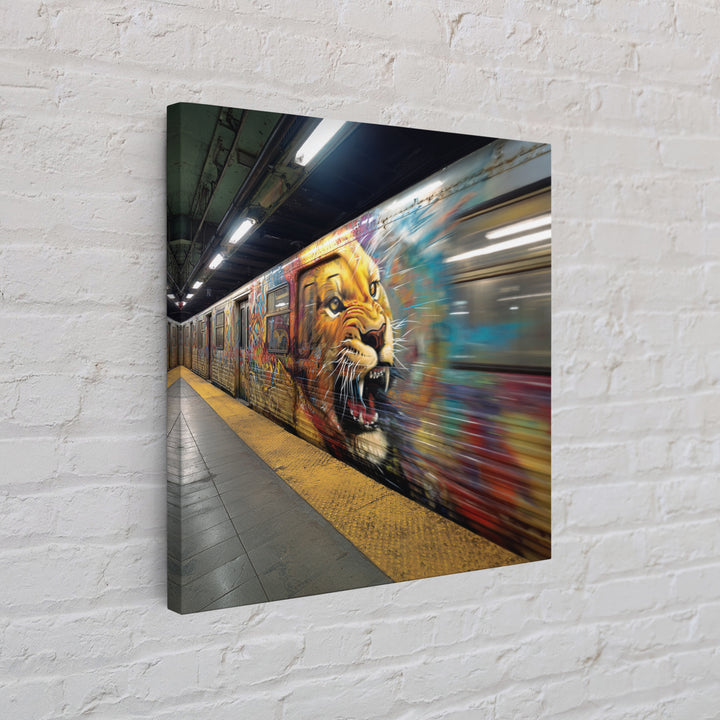 Roaring Lion Subway Train Canvas Print, Motion Blur Graffiti Wall Art, Big Cat Urban Street Decor For Modern Home Decor Gift
