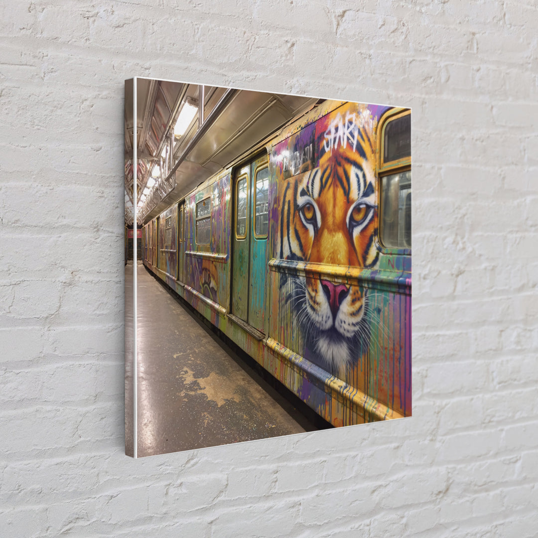 Tiger Face Graffiti Subway Train Canvas Print, Bold Urban Street Art For Maximalist Decor And Modern Wall Decor Gift Idea