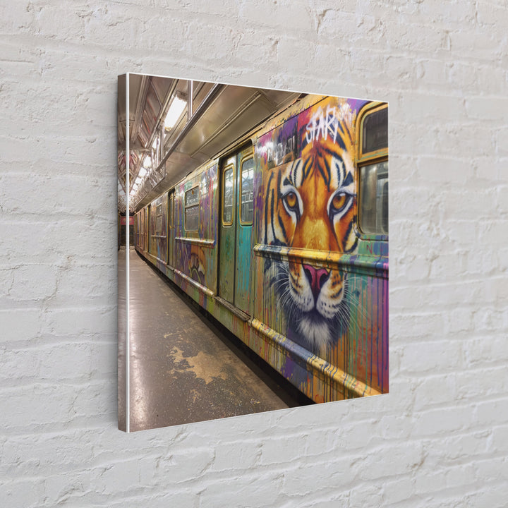 Tiger Face Graffiti Subway Train Canvas Print, Bold Urban Street Art For Maximalist Decor And Modern Wall Decor Gift Idea