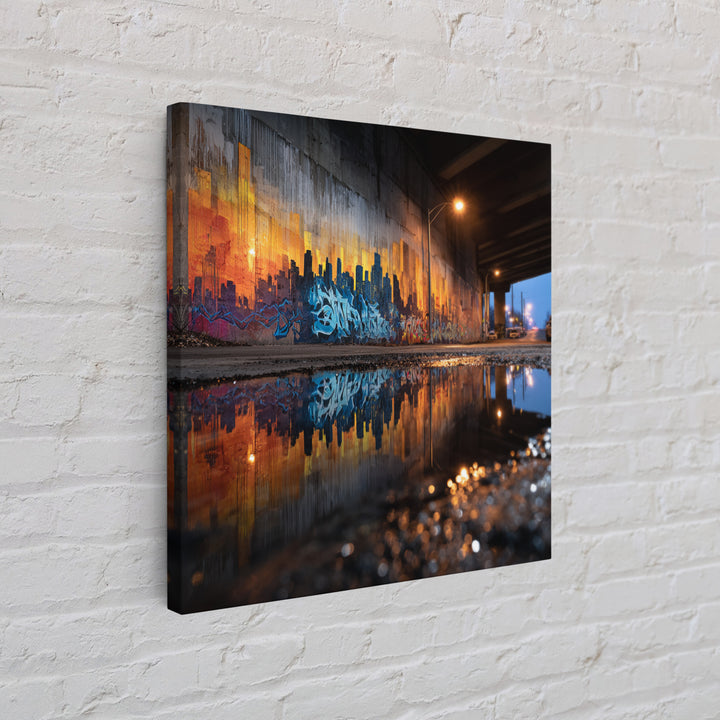 Urban Graffiti Underpass Wall Art, City Skyline Reflection, Street Art Print, Industrial Decor, Modern Office Wall Decor