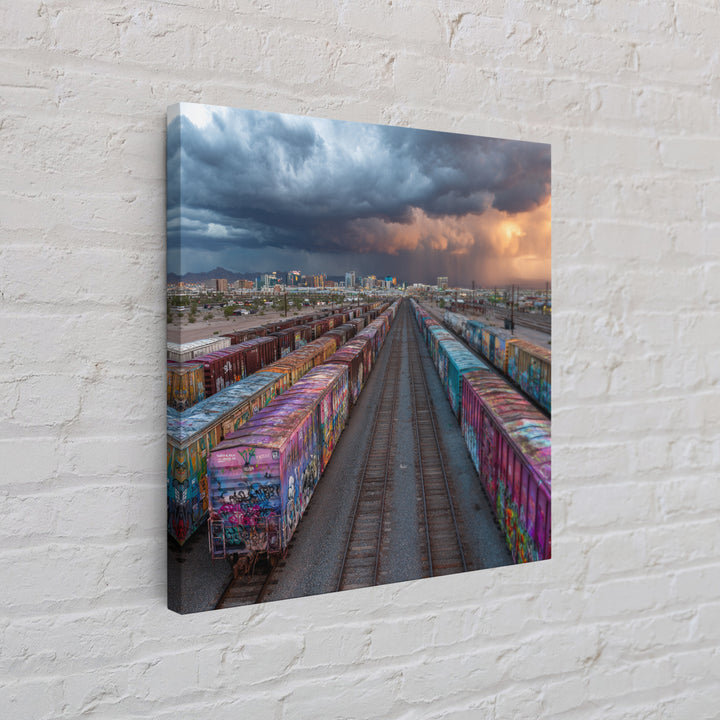 Graffiti Freight Train Yard Wall Art, Urban Street Art Canvas Print, Modern Industrial City Decor, Colorful Office Wall Art