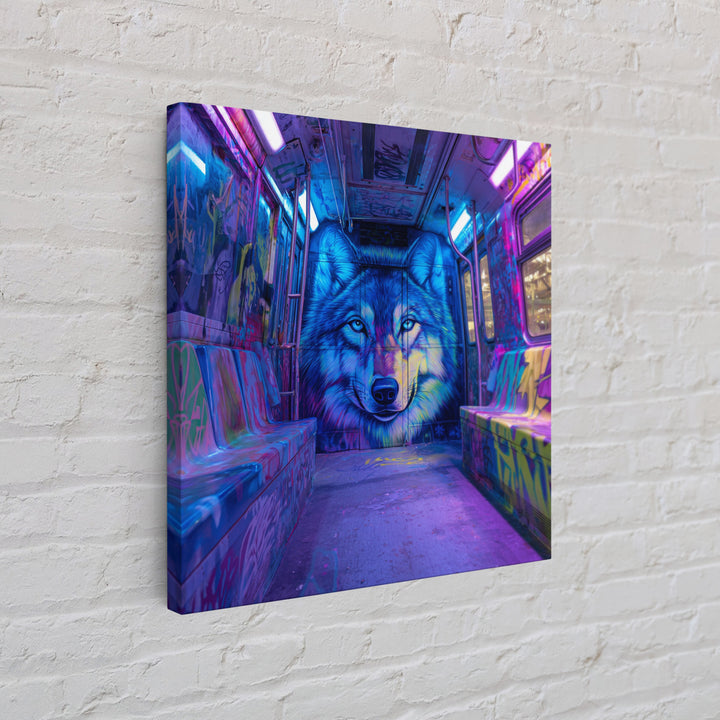 Neon Blue Wolf Subway Canvas Print, Cyberpunk Graffiti Animal Wall Decor, Urban Street Art, Gamer Room Statement Art Gift