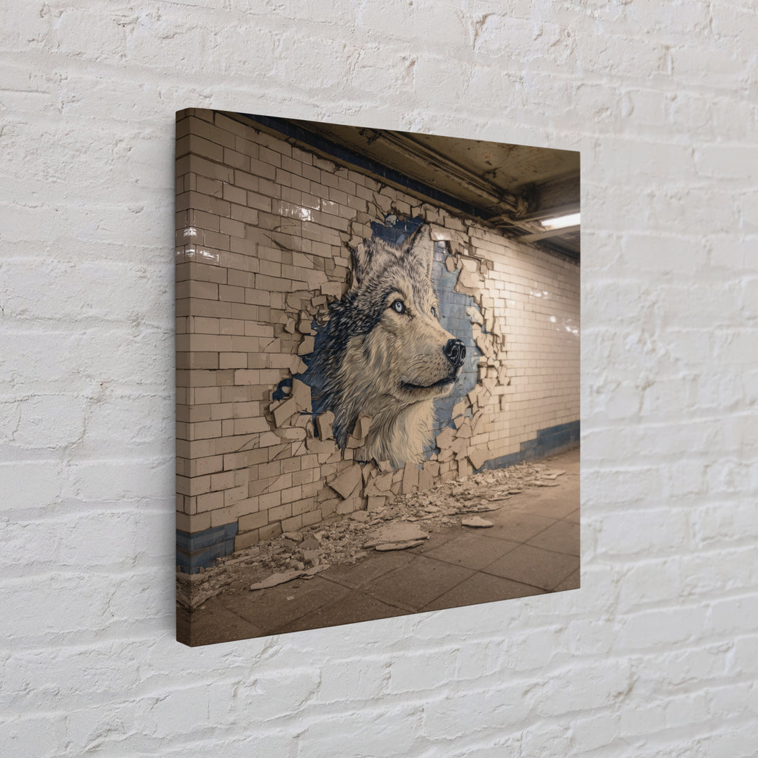 Wolf Mural Bursting Through Subway Tile Wall Art, Urban Animal Canvas Print, Street Art Decor For Modern Office Wall Decor Gift