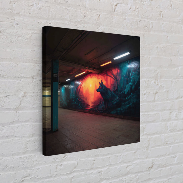 Neon Wolf Subway Mural Wall Art, Urban Graffiti Canvas Print, Cyberpunk Street Decor, Moody Animal Art For Home Office Gift