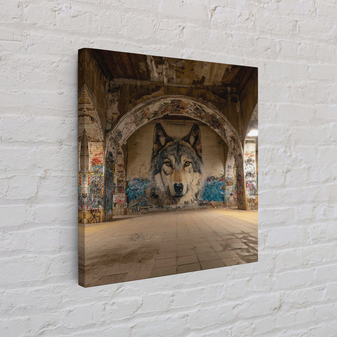 Realistic Wolf Mural In Abandoned Archway Framed Canvas Print, Urban Street Art, Animal Wall Decor, Moody Office Decor, Home Decor