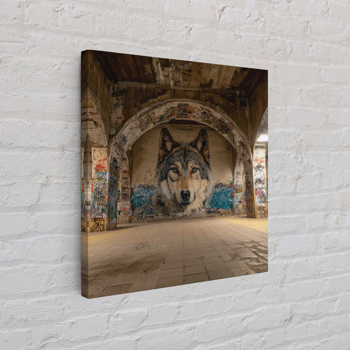 Realistic Wolf Mural In Abandoned Archway Framed Canvas Print, Urban Street Art, Animal Wall Decor, Moody Office Decor, Home Decor