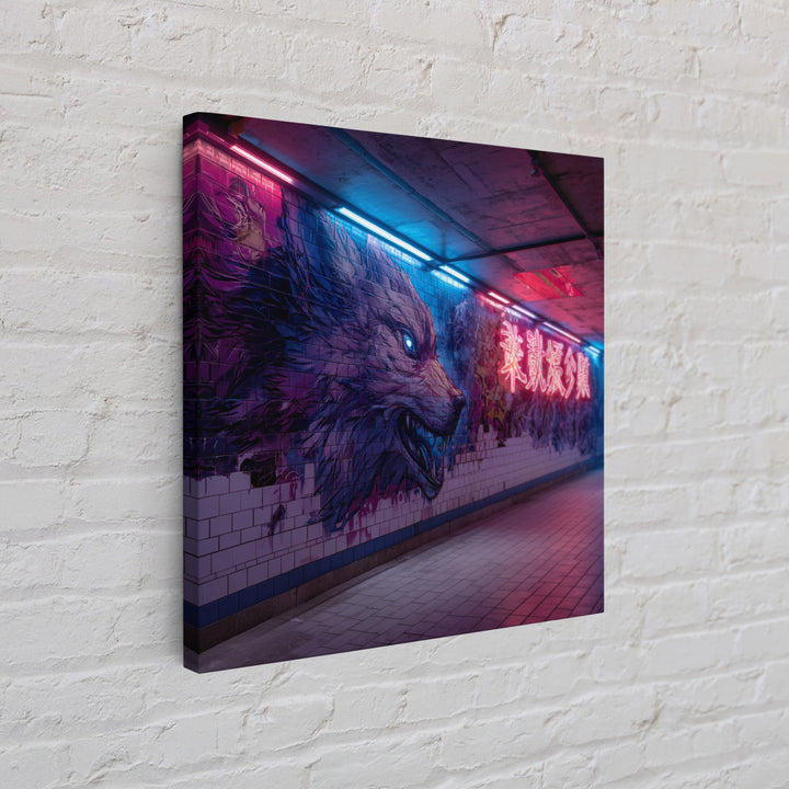 Neon Wolf Subway Mural Canvas Print, Cyberpunk Graffiti Wall Art, Futuristic Animal Street Art For Gaming Room Decor Gift