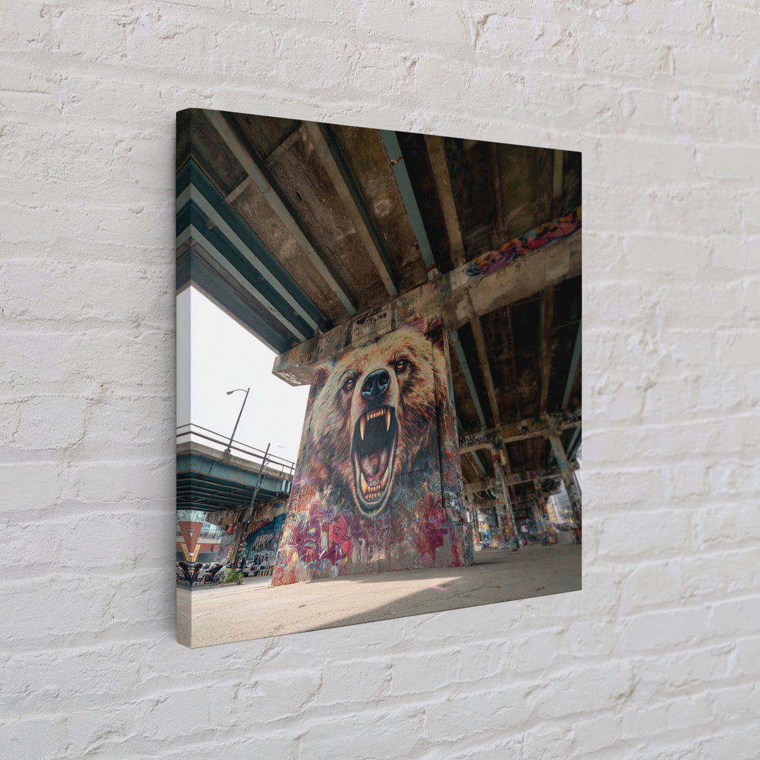 Roaring Bear Graffiti Underpass Wall Art, Urban Street Art Canvas Print, Wildlife Mural Decor, Man Cave Industrial Loft Home Decor