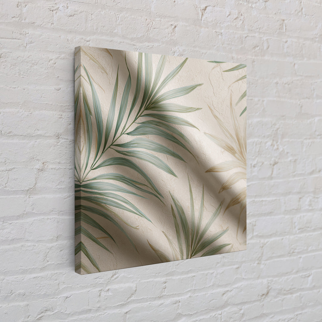 Tropical Palm Leaf Wall Art, Soft Green Beige Canvas Print, Coastal Botanical Decor, Boho Spa Bathroom Wall Decor For Relaxing Home Decor