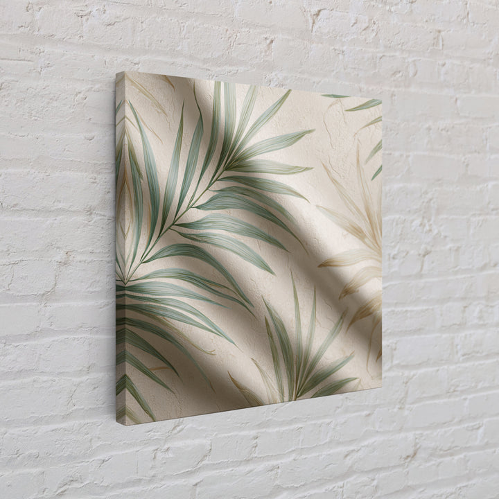Tropical Palm Leaf Wall Art, Soft Green Beige Canvas Print, Coastal Botanical Decor, Boho Spa Bathroom Wall Decor For Relaxing Home Decor
