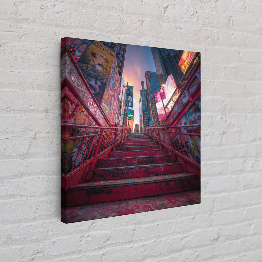 Neon City Stairway At Sunset Wall Art, Urban Graffiti, Times Square Travel Poster, Colorful Modern Canvas Print Home Decor