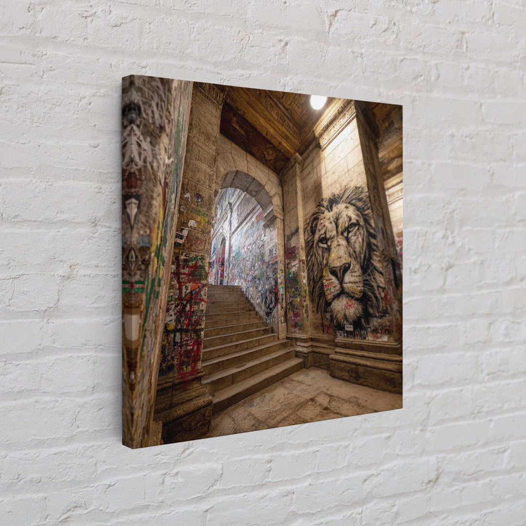 Urban Lion Mural Stairway Wall Art, Graffiti Street Art Canvas Print, City Decor, Bold Contemporary Modern Office Wall Decor