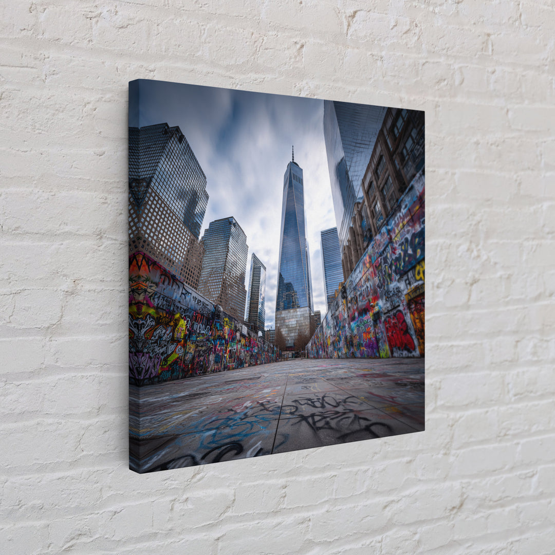 One World Trade Graffiti Courtyard Wall Art, Urban Cityscape Canvas Print, NYC Street Art Decor For Office And Apartment