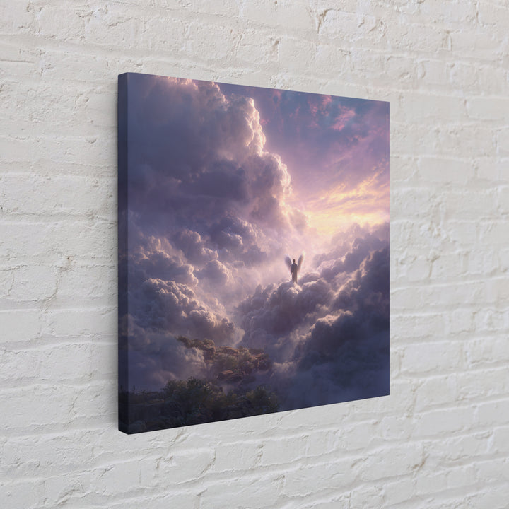 Radiant Angel Above Pastel Clouds Wall Art, Celestial Fantasy Canvas Print, Spiritual Decor, Ethereal Nursery Wall Art, Gift For Her