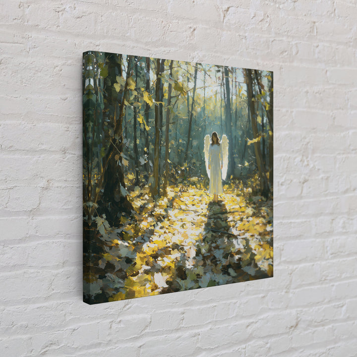 Sunlit Angel In Enchanted Forest Wall Art, Ethereal Christian Canvas Print, Woodland Decor, Spiritual Nursery Art, Calming Decor
