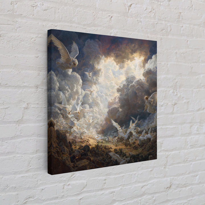 Heavenly Angels In Storm Clouds Canvas Print, Biblical Battle Painting, Christian Wall Decor, Dramatic Renaissance Art Gift