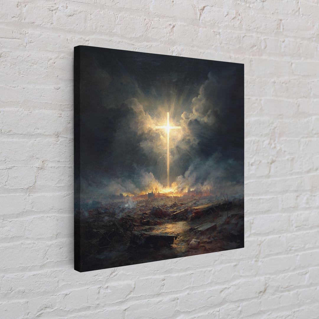 Radiant Cross Over Stormy Battlefield Wall Art, Christian Canvas Print, Dramatic Religious Decor, Spiritual Gift For Home