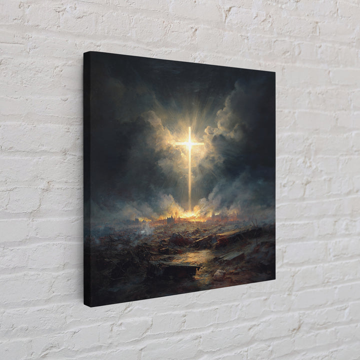 Radiant Cross Over Stormy Battlefield Wall Art, Christian Canvas Print, Dramatic Religious Decor, Spiritual Gift For Home