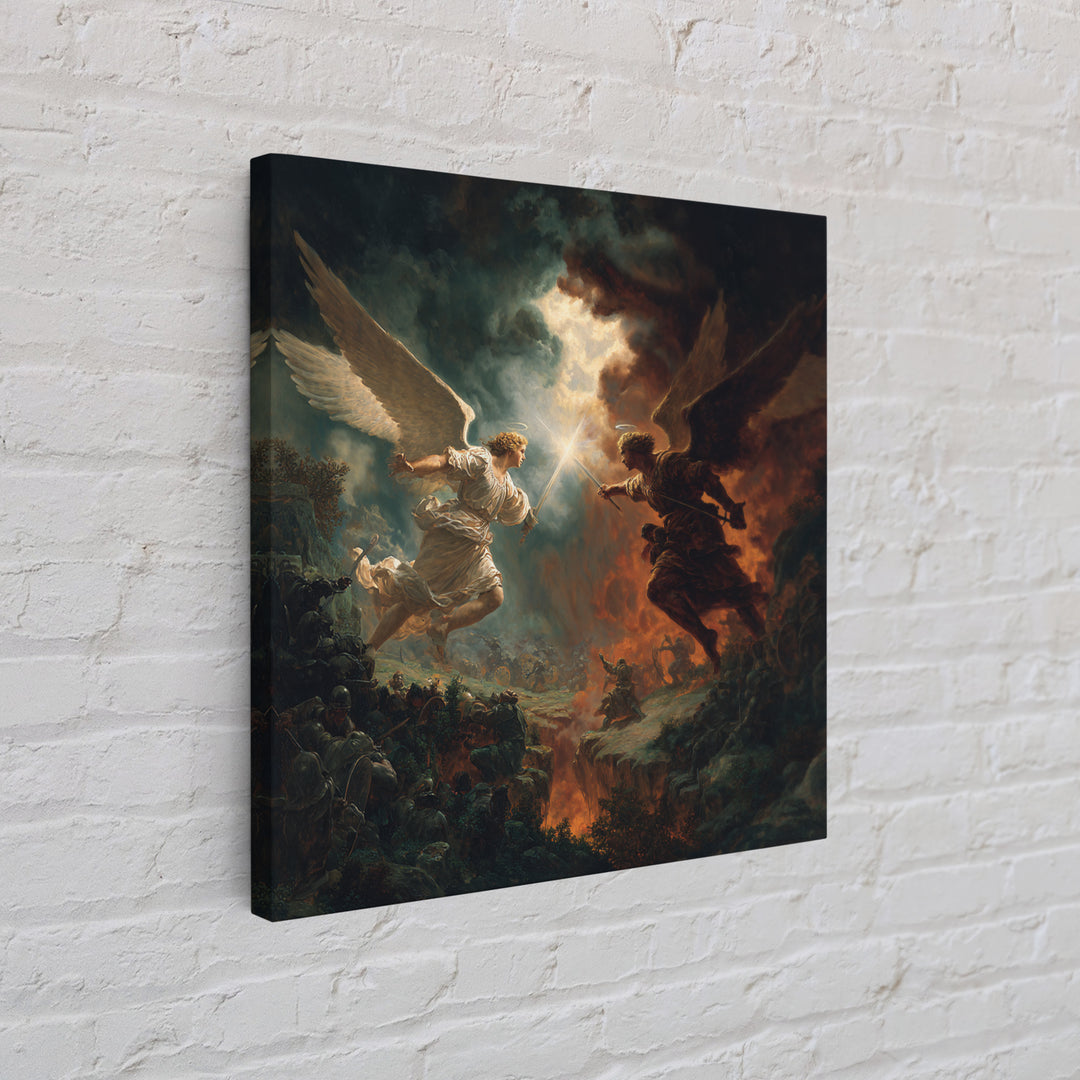 Angel Duel Over Apocalyptic Battlefield Wall Art, Dark Fantasy Framed Canvas Print, Biblical Spiritual Home Decor Gift For Him