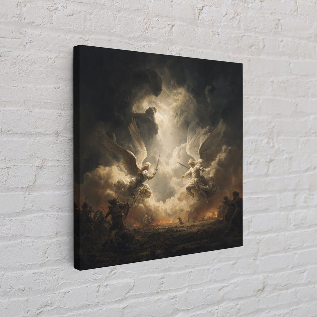 Angelic Battle In Storm Clouds Framed Canvas Print, Dark Baroque Religious Art, Renaissance Wall Decor, Dramatic Fine Art