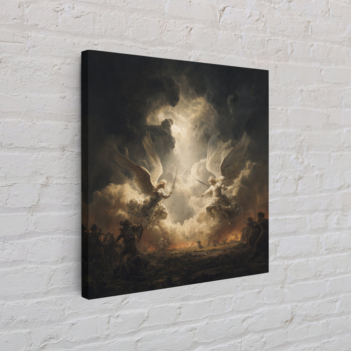Angelic Battle In Storm Clouds Framed Canvas Print, Dark Baroque Religious Art, Renaissance Wall Decor, Dramatic Fine Art