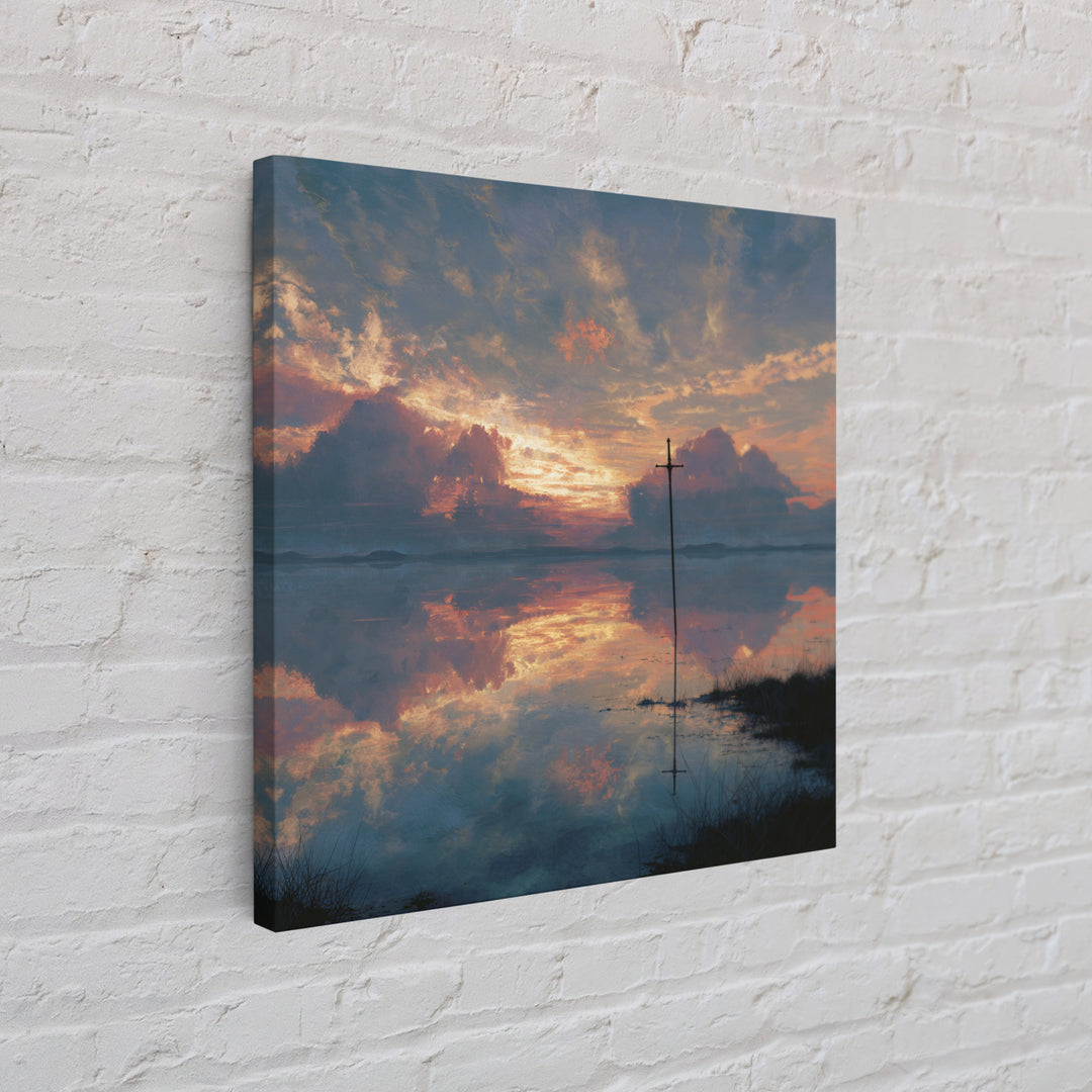 Solitary Cross At Sunset Wall Art, Reflective Lake Landscape Print, Christian Artwork, Spiritual Home Decor, Prayer Room Gift
