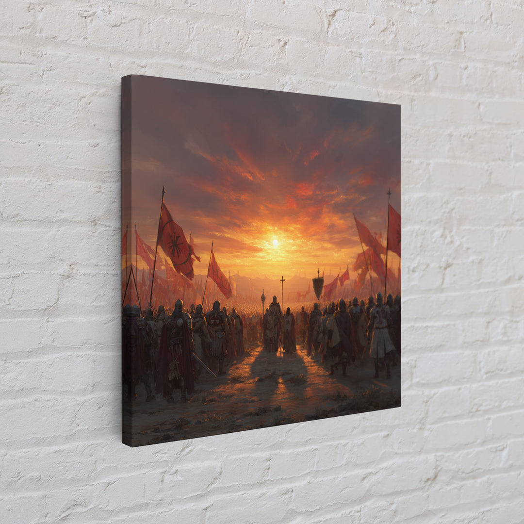 Medieval Army At Fiery Sunset Framed Canvas Print, Crusader Battle Wall Art, Epic Fantasy Decor, Historical Gift For Him