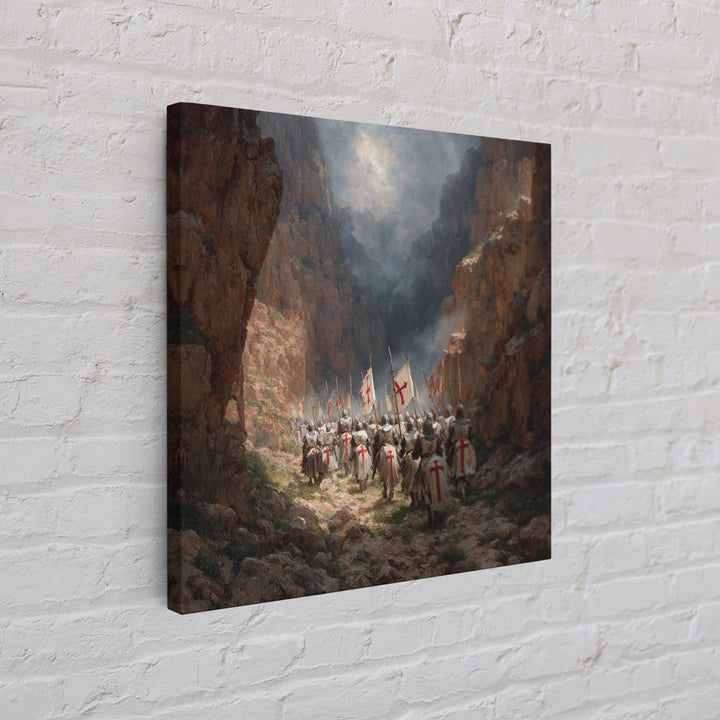 Medieval Knights Marching Through Rocky Canyon Wall Art, Historical Painting Print, Christian Wall Decor, Dramatic Fine Art