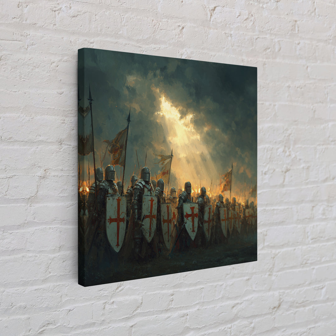 Crusader Knights With Shields Wall Art, Medieval Battle Scene, Religious History Decor, Dark Fantasy Framed Canvas Print