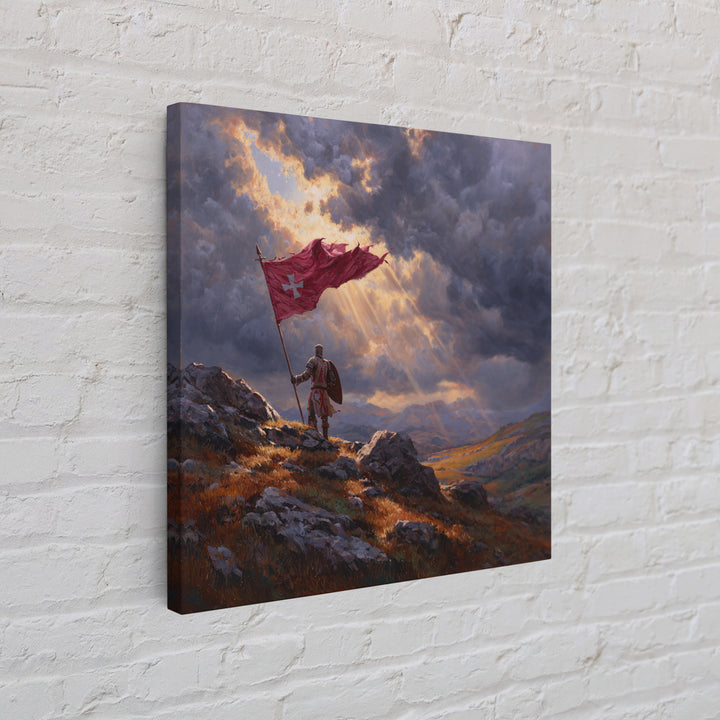 Crusader Knight With Red Flag Framed Canvas Print, Medieval Wall Art, Stormy Mountain Landscape, Christian Warrior Decor