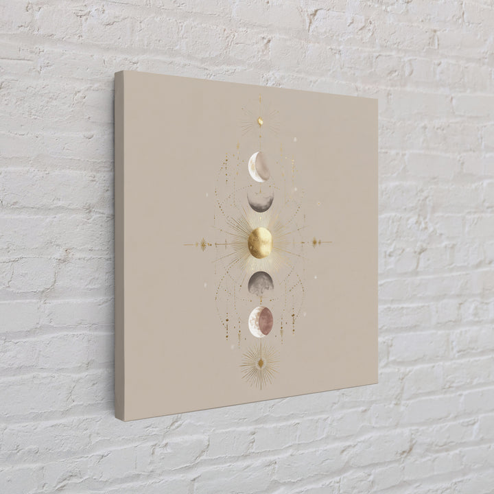 Celestial Moon Phase Wall Art, Gold Sun And Stars Canvas Print, Mystical Astrology Decor, Boho Neutral Bedroom Wall Decor