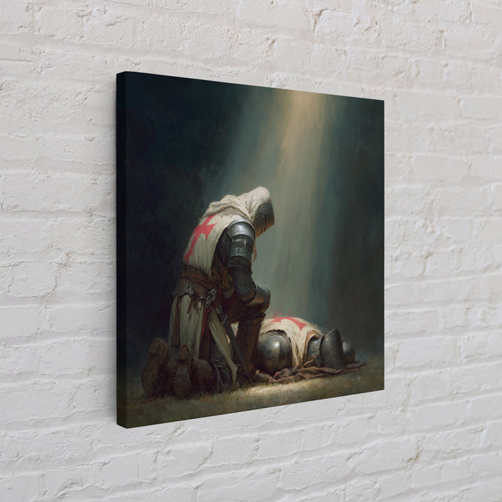 Praying Crusader Knight In Spotlight Canvas Print, Medieval Christian Wall Art, Templar Warrior Decor For Office And Home