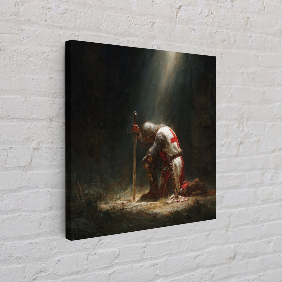 Kneeling Templar Knight In Sacred Light Framed Canvas Print, Medieval Christian Wall Art For Gothic Office Decor Gift Idea