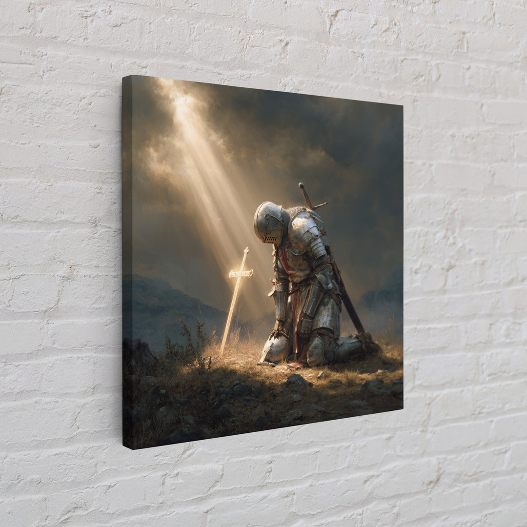 Kneeling Knight Before Glowing Cross Wall Art, Medieval Christian Painting, Inspirational Faith Decor, Gift For Men Poster