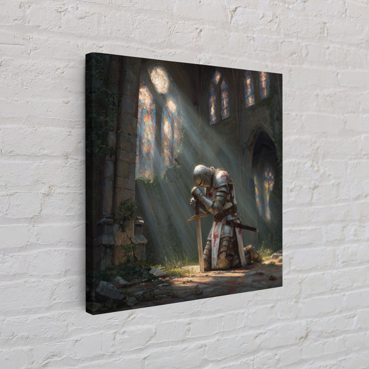 Kneeling Knight In Ruined Cathedral Framed Canvas Print, Medieval Fantasy Wall Art, Christian Decor, Gothic Gift For Him
