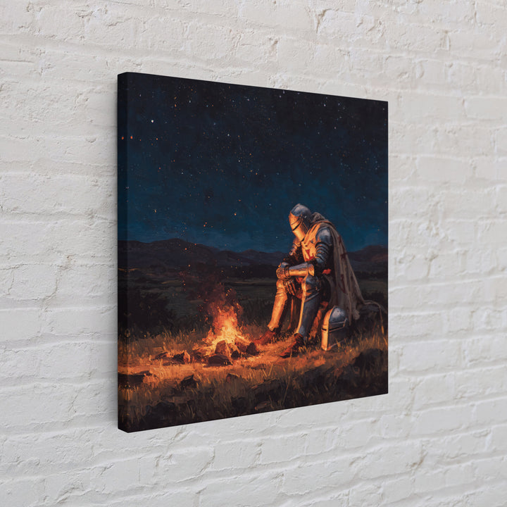 Solitary Knight By Campfire Wall Art, Starry Night Fantasy Canvas Print, Medieval Decor, Dark Academia Gift For Him, Moody Wall Decor