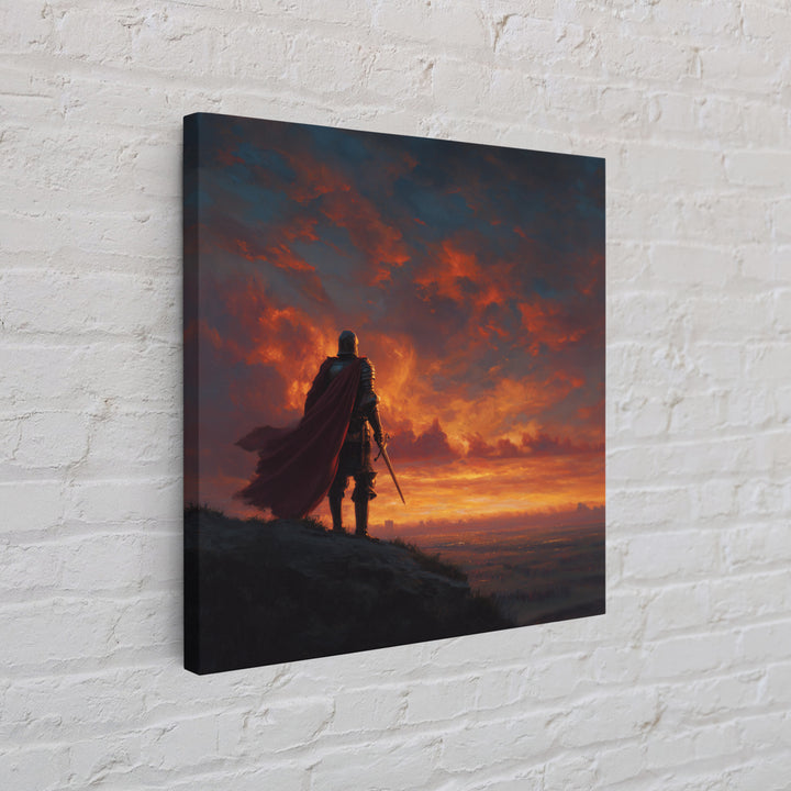 Lone Knight At Fiery Sunset Wall Art, Medieval Fantasy Warrior Canvas Print, Dramatic Landscape For Masculine Home Decor