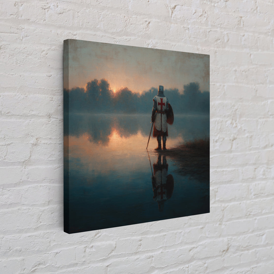 Lone Crusader Knight At Misty Lake Wall Art, Medieval Landscape Painting, Dark Academia Decor, Historical Framed Canvas Print