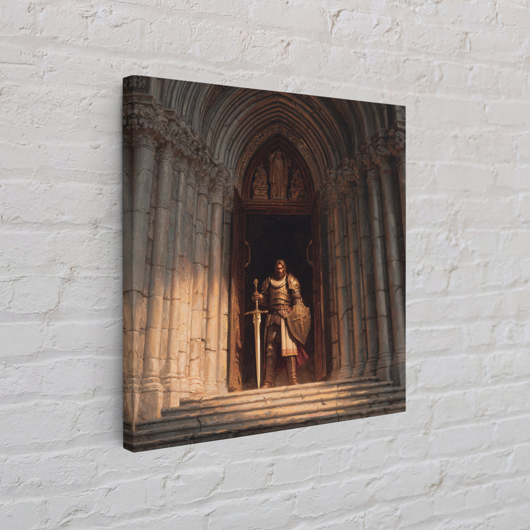 Armored Knight At Gothic Cathedral Canvas Print, Medieval Fantasy Wall Art For Castle Decor And Dark Academia Office Decor