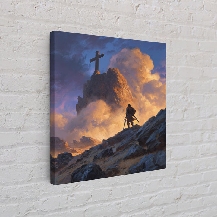 Epic Warrior Climbing Mountain To Cross Wall Art, Christian Fantasy Canvas Print, Inspirational Decor, Faith Gift For Him