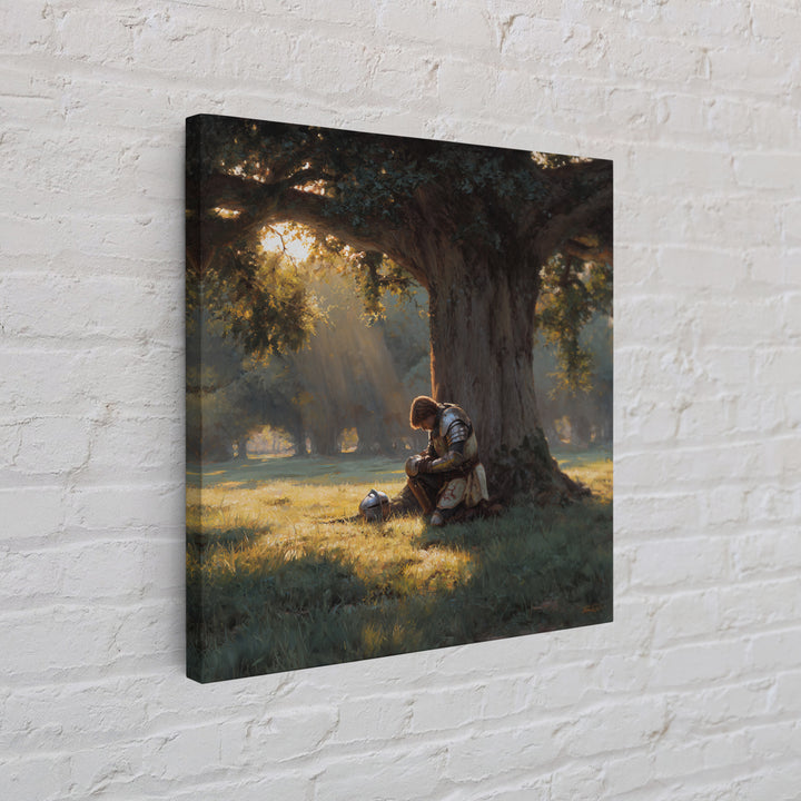 Praying Knight Beneath Ancient Oak Canvas Print, Medieval Fantasy Wall Art, Christian Warrior, Rustic Landscape Home Decor