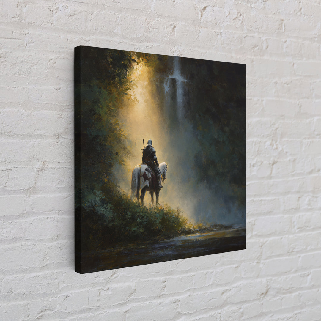 Lone Knight And White Horse By Waterfall Framed Canvas Print, Epic Fantasy Wall Art, Medieval Decor, Adventure Gift For Him