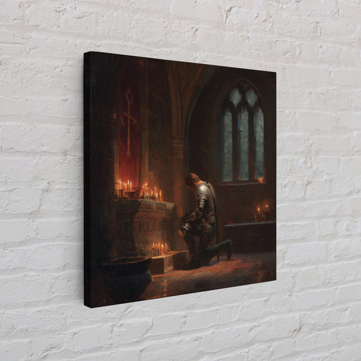 Kneeling Knight In Candlelit Chapel Wall Art, Gothic Medieval Canvas Print, Dark Academia Decor, Fantasy Christian Art Gift