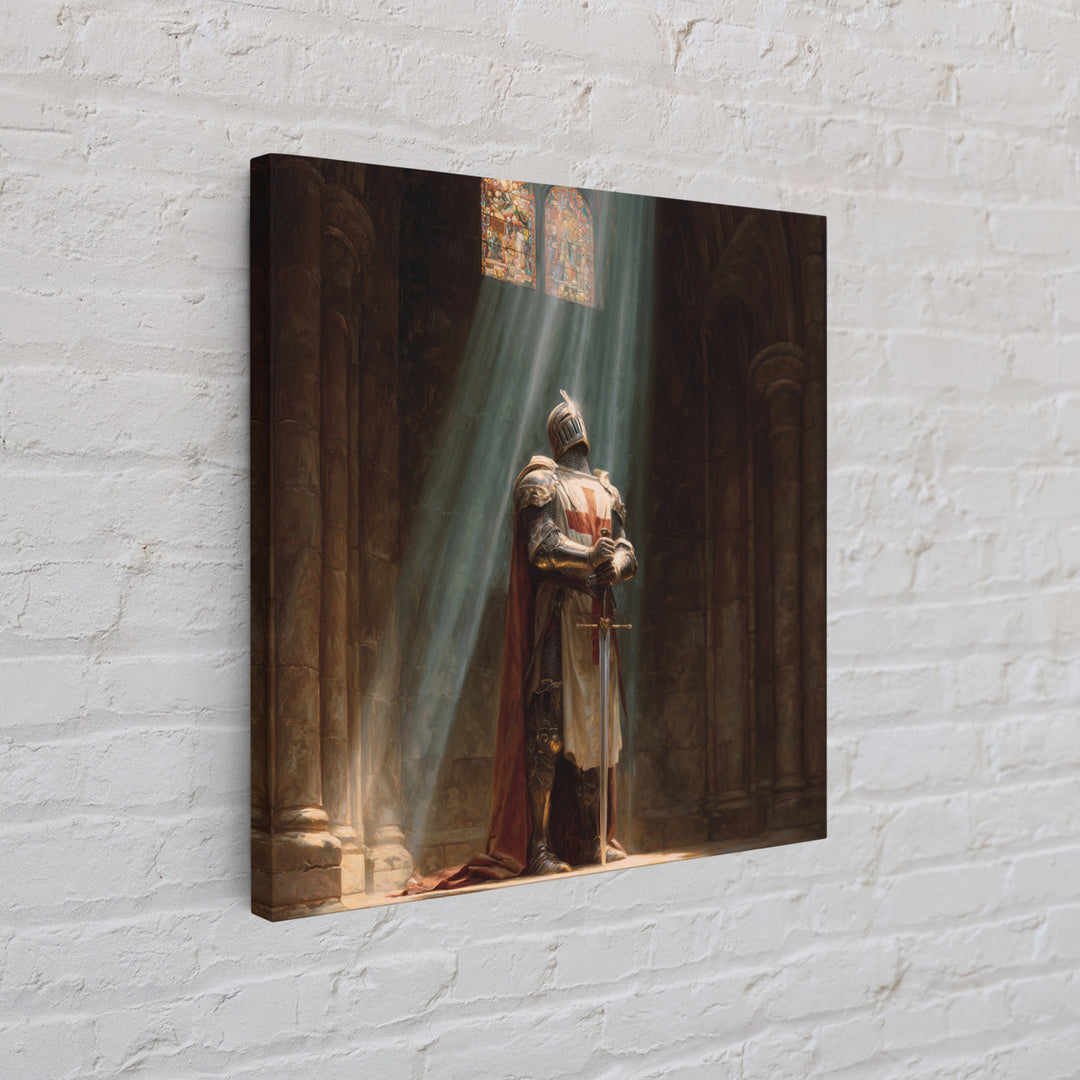 Medieval Knight Praying In Cathedral Light Framed Canvas Print, Gothic Wall Art, Christian Wall Decor, Fantasy Art Gift For Him