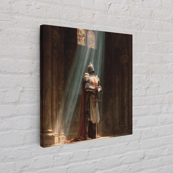 Medieval Knight Praying In Cathedral Light Framed Canvas Print, Gothic Wall Art, Christian Wall Decor, Fantasy Art Gift For Him