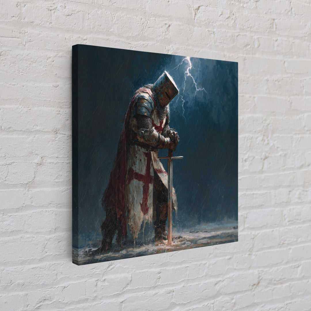 Stormy Praying Knight With Sword Wall Art, Medieval Fantasy Canvas Print, Gothic Christian Dark Academia Home Decor, Gift For Him
