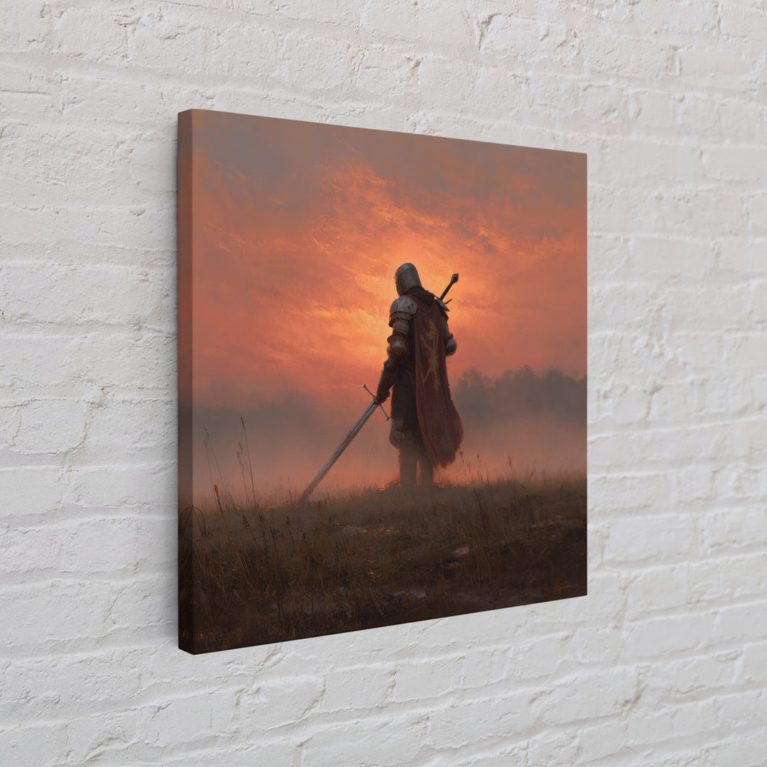 Lone Medieval Knight At Fiery Sunset Wall Art, Fantasy Warrior Canvas Print, Gothic Castle Decor, Dramatic Gift For Him Art